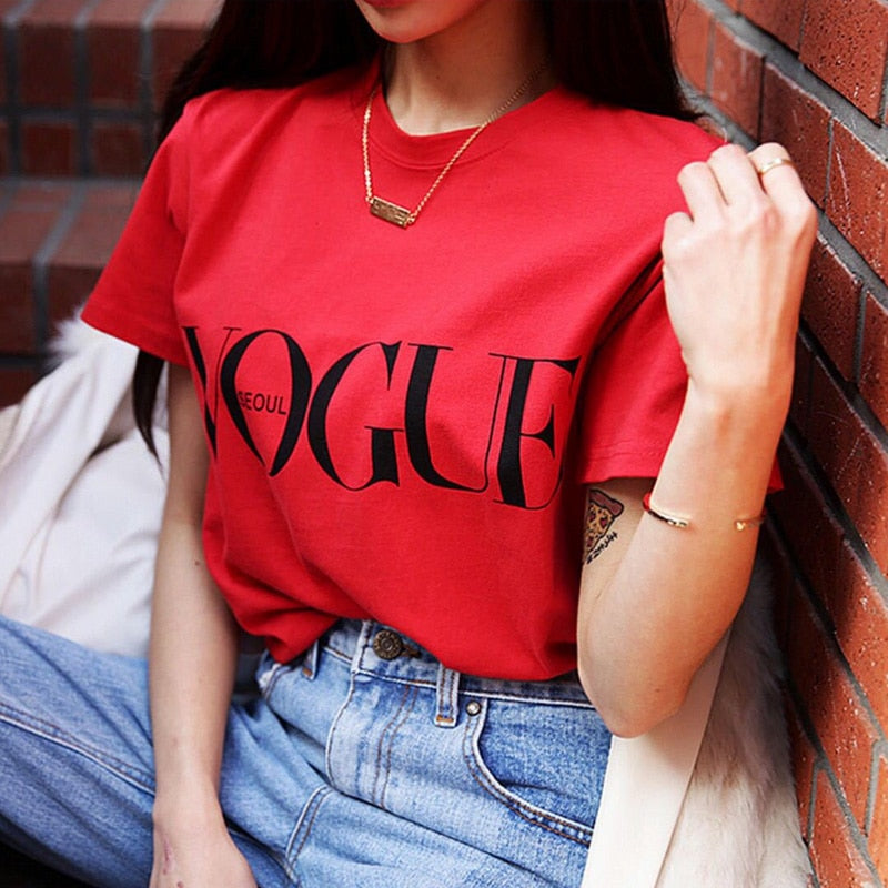 VOGUE Letter Printed T Shirt Red Black