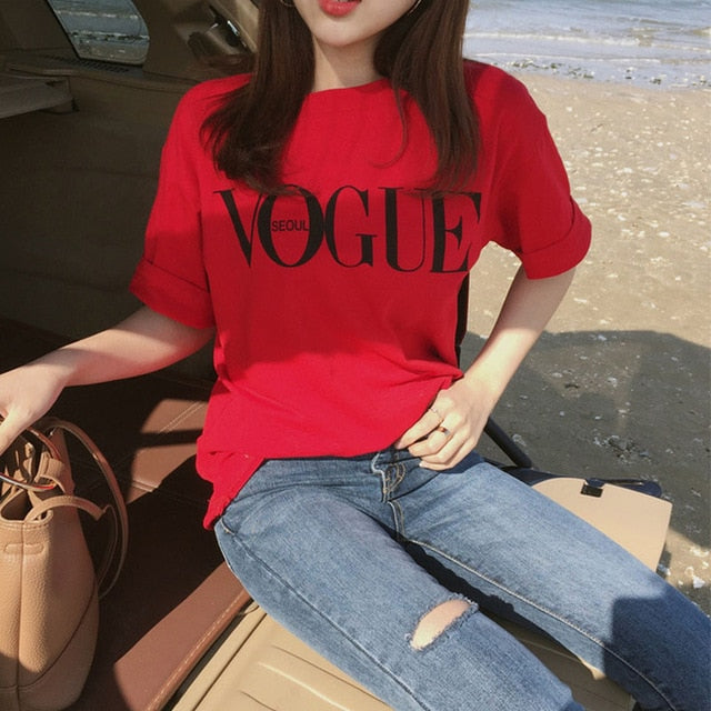 VOGUE Letter Printed T Shirt Red Black