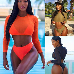 2018 Two Piece Swimsuit Summer Sexy Women Mesh Long Sleeve High Waist Bikini Set Push Up Swimwear Bra+Bottom+Cover Up Swimsuit