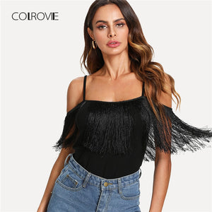 Open Shoulder Fringe Embellished Causal Top