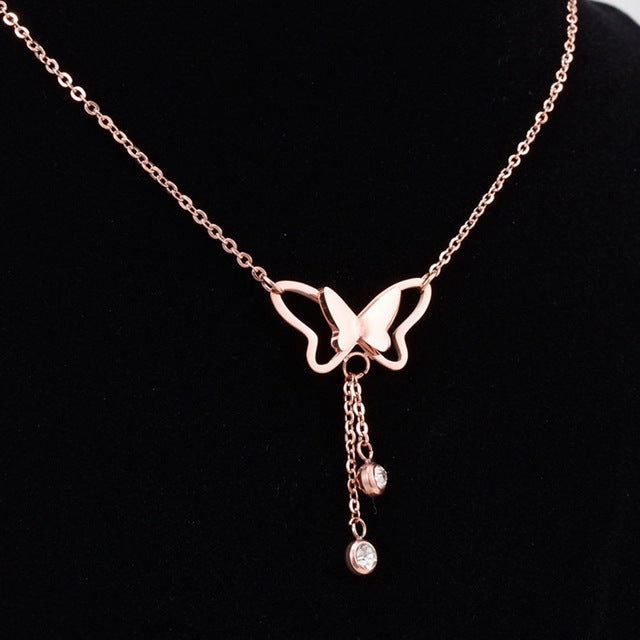 1pc Rose Gold Silver Color Crystal Butterfly Pendant Choker Necklace For Women