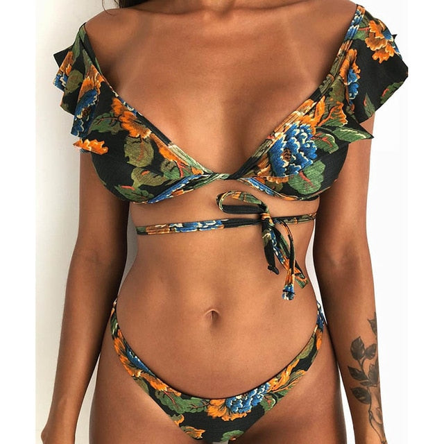 Hot Sale Off The Shoulder Print Ruffled Bikini