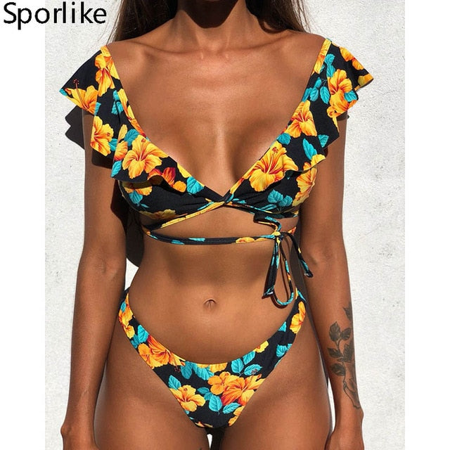 Hot Sale Off The Shoulder Print Ruffled Bikini