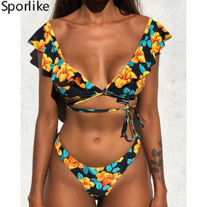 Hot Sale Off The Shoulder Print Ruffled Bikini