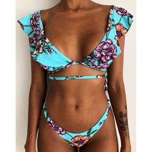 Hot Sale Off The Shoulder Print Ruffled Bikini