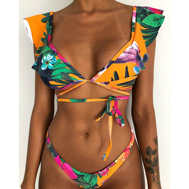 Hot Sale Off The Shoulder Print Ruffled Bikini