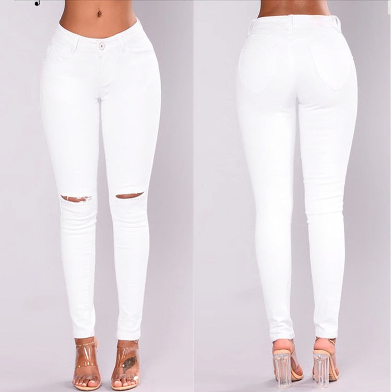 Ripped hole white jeans for women