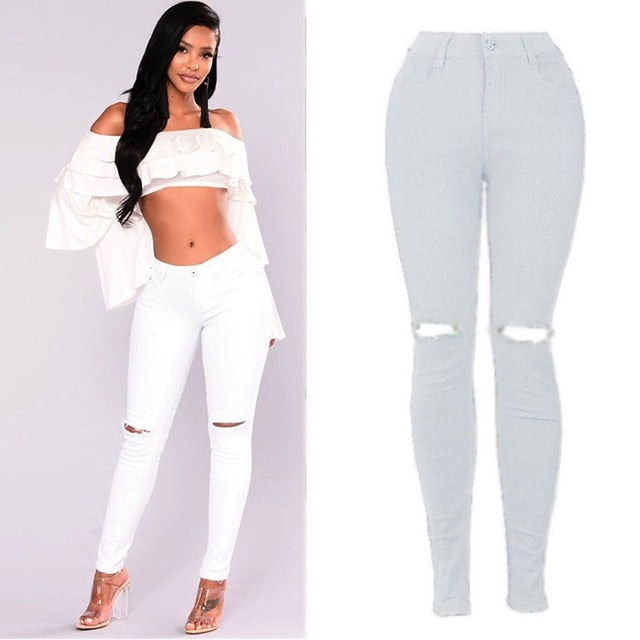 Ripped hole white jeans for women