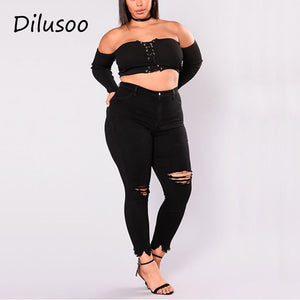 Women Holes Plus Size Jeans Pants