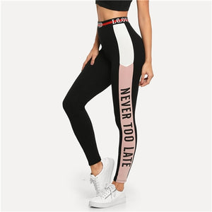 Black Striped Letter Print Leggings Women