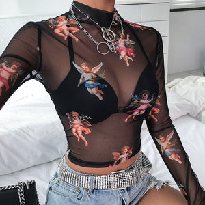 See Through Transparent Mesh Tops Long Sleeve