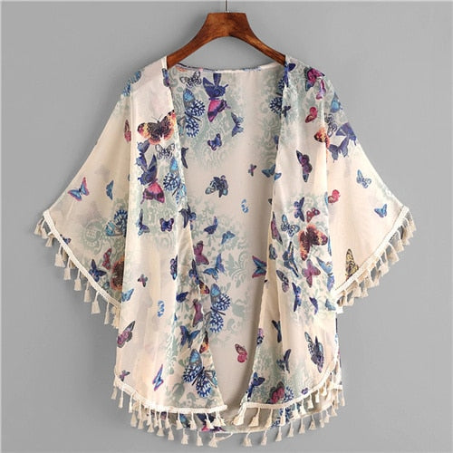 Butterfly Print Fringe Trim Top