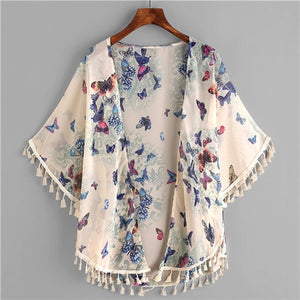 Butterfly Print Fringe Trim Top