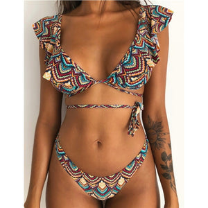 Hot Sale Off The Shoulder Print Ruffled Bikini