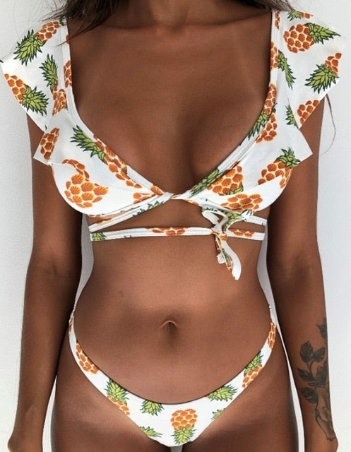 Hot Sale Off The Shoulder Print Ruffled Bikini