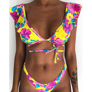 Hot Sale Off The Shoulder Print Ruffled Bikini