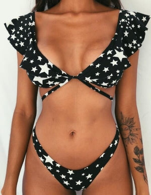 Hot Sale Off The Shoulder Print Ruffled Bikini