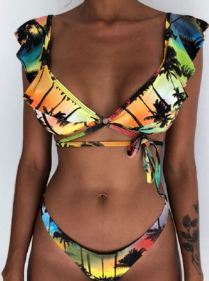 Hot Sale Off The Shoulder Print Ruffled Bikini