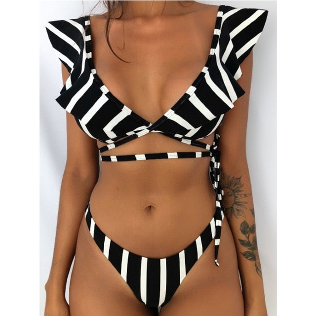 Hot Sale Off The Shoulder Print Ruffled Bikini