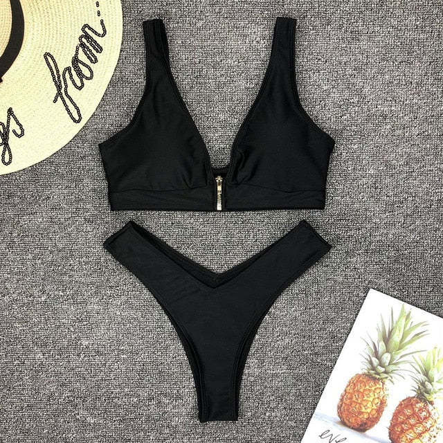 Solid White Black Bikini 2019 Zipper