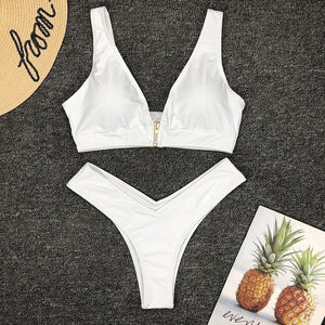 Solid White Black Bikini 2019 Zipper