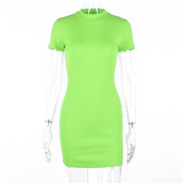 neon green orange solid high neck short sleeve high waist dresses 2019