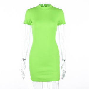 neon green orange solid high neck short sleeve high waist dresses 2019