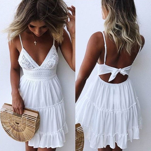 2019 Casual Women White Lace Backless Spaghetti Strap Dress