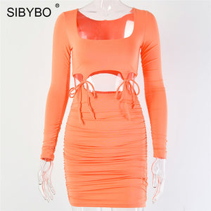 Women Dress Long Sleeve Pleated Summer Party Dress