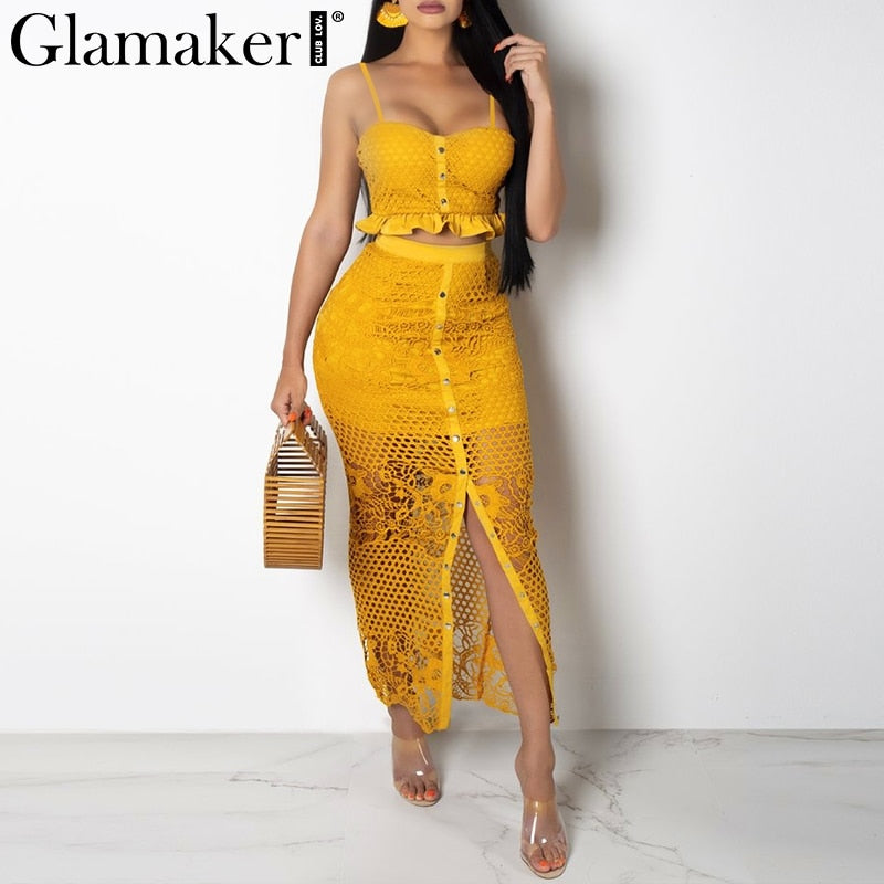 Glamaker Hollow out sexy yellow long dress Women