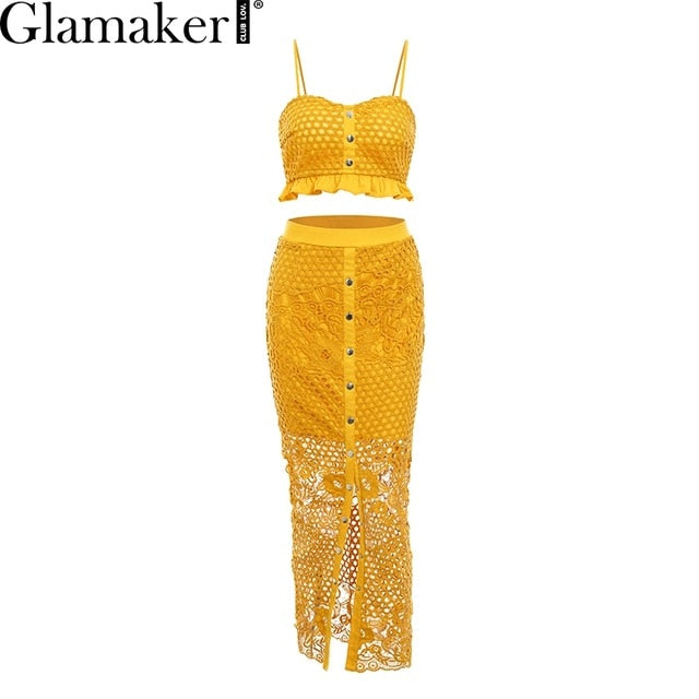 Glamaker Hollow out sexy yellow long dress Women