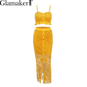 Glamaker Hollow out sexy yellow long dress Women