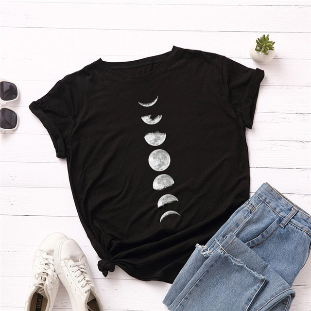 Plus Size S-5XL New Moon Planet Print T Shirt Women