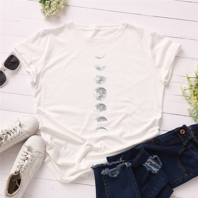 Plus Size S-5XL New Moon Planet Print T Shirt Women