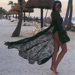 Black Whie Women Lace Flower Cardigan Beach Long Dress Cover-Ups