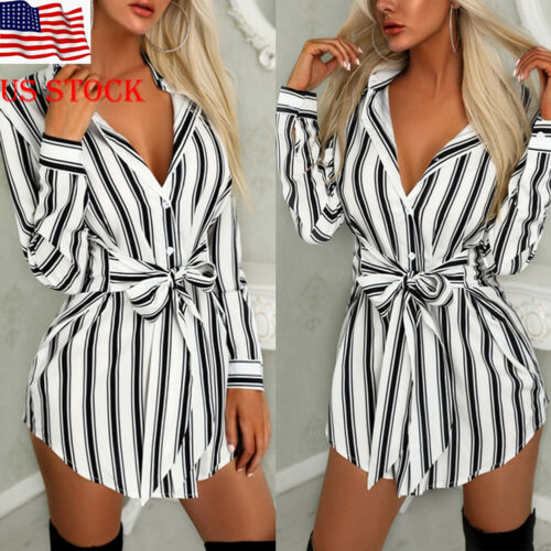 Women arrival Long Shirt Dress V-neck Stripe Print Summer Mini Dress