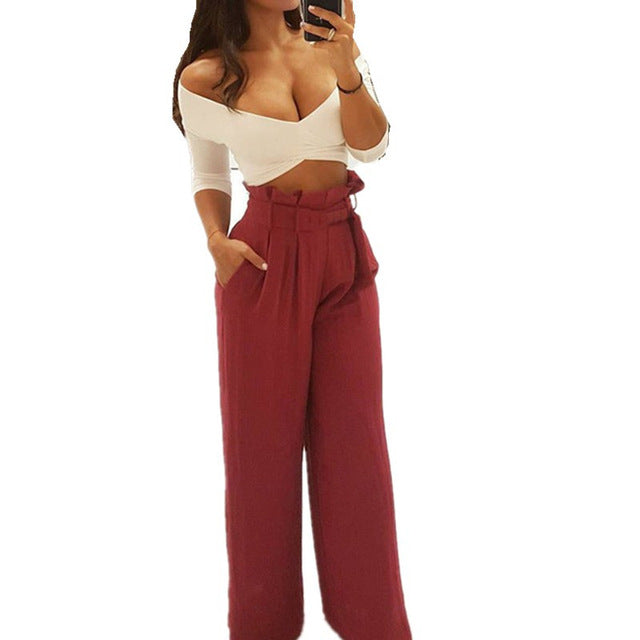 Ladies Bowknot belt Pleated Palazzo Pants