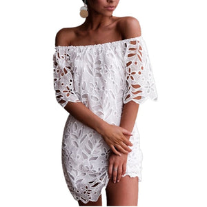 White Off Shoulder Lace Hollow Out Mini Dress