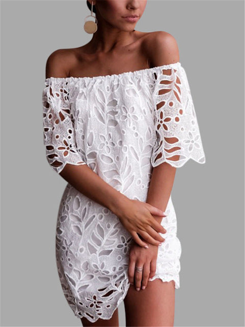 White Off Shoulder Lace Hollow Out Mini Dress